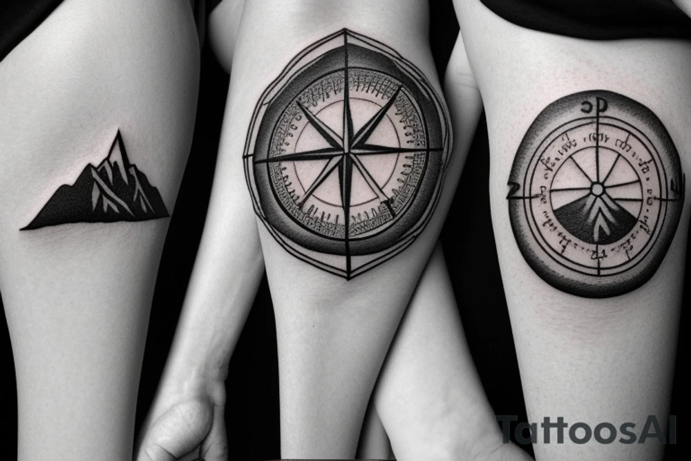 Small tattoo, mountain and trees with a compass in tge background tattoo idea