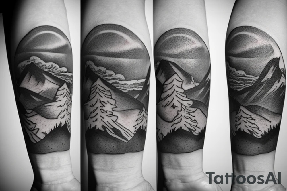 Small tattoo, mountain and trees with a compass in tge background tattoo idea