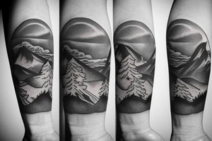 Small tattoo, mountain and trees with a compass in tge background tattoo idea