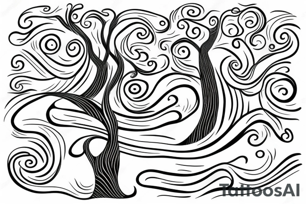 Thin tree with waves tattoo idea