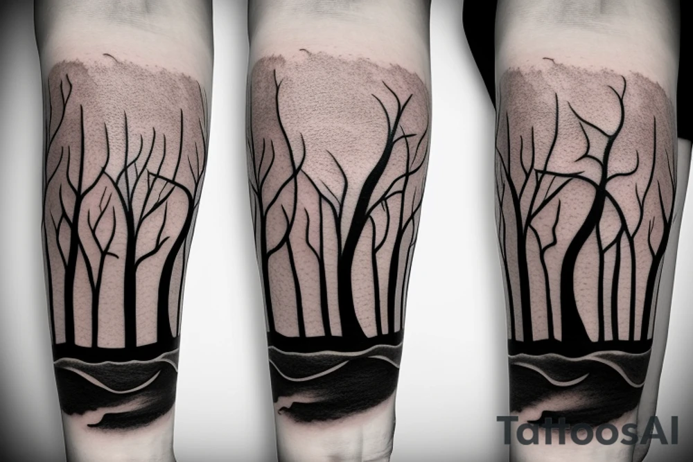 Thin tree with waves tattoo idea