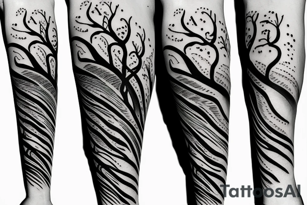 Thin tree with waves tattoo idea