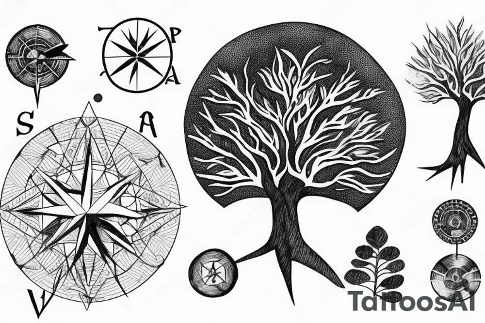 An old tree in the middle of mountains laying on a compass tattoo idea
