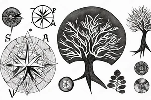 An old tree in the middle of mountains laying on a compass tattoo idea