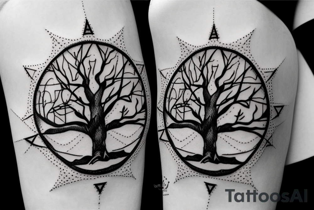 An old tree in the middle of mountains laying on a compass tattoo idea