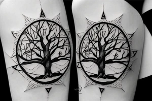 An old tree in the middle of mountains laying on a compass tattoo idea