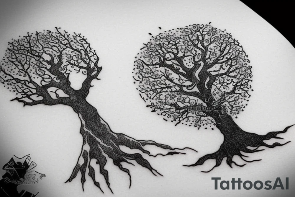 An old tree in the middle of mountains tattoo idea