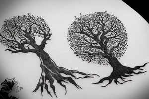 An old tree in the middle of mountains tattoo idea