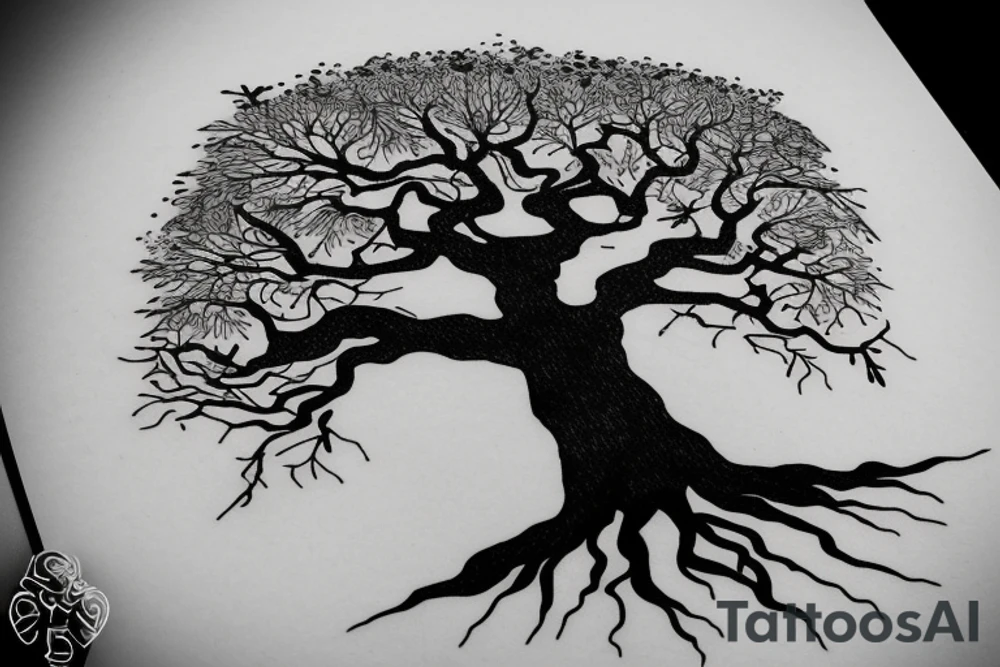 An old tree in the middle of mountains tattoo idea