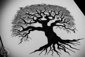 An old tree in the middle of mountains tattoo idea