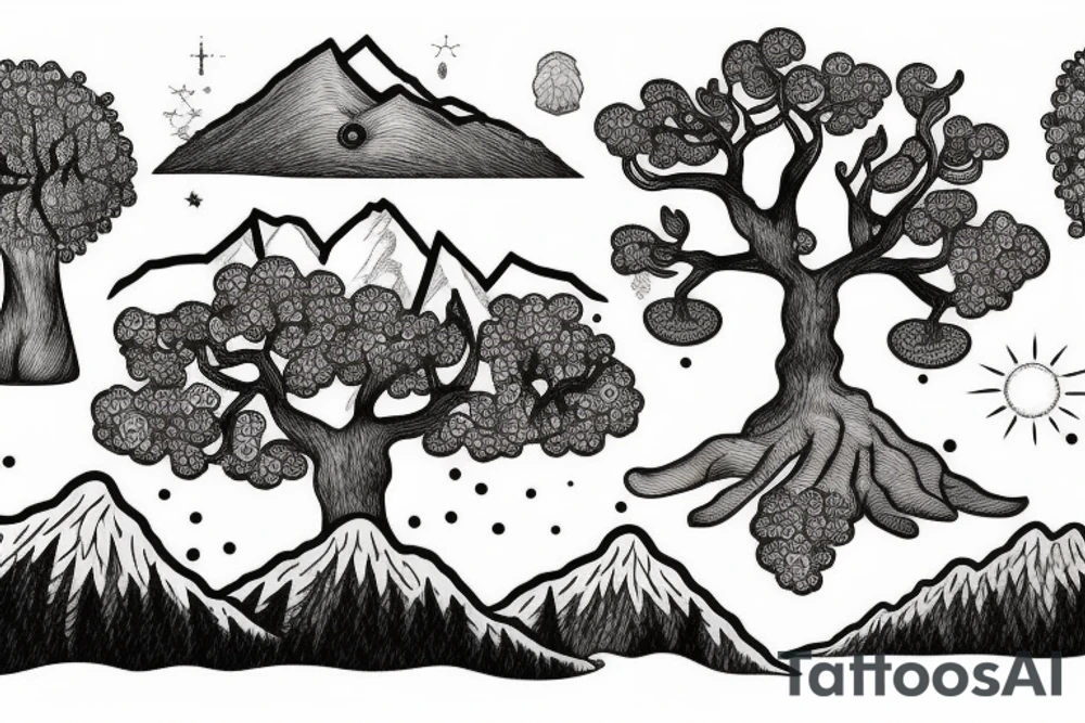 An old tree with mountains in the background tattoo idea