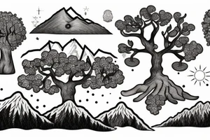 An old tree with mountains in the background tattoo idea