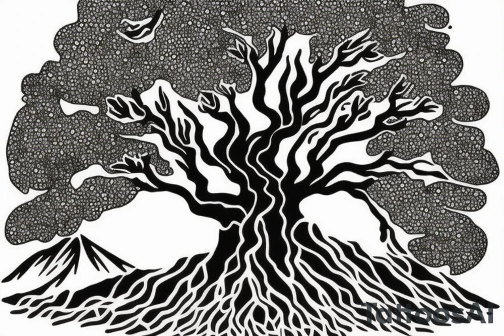 An old tree with mountains in the background tattoo idea