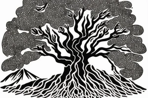 An old tree with mountains in the background tattoo idea