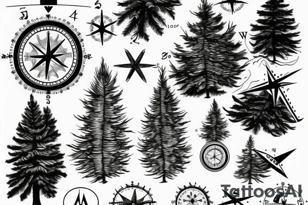 A fir tree next to a compass tattoo idea