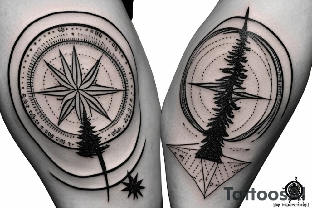 A fir tree next to a compass tattoo idea