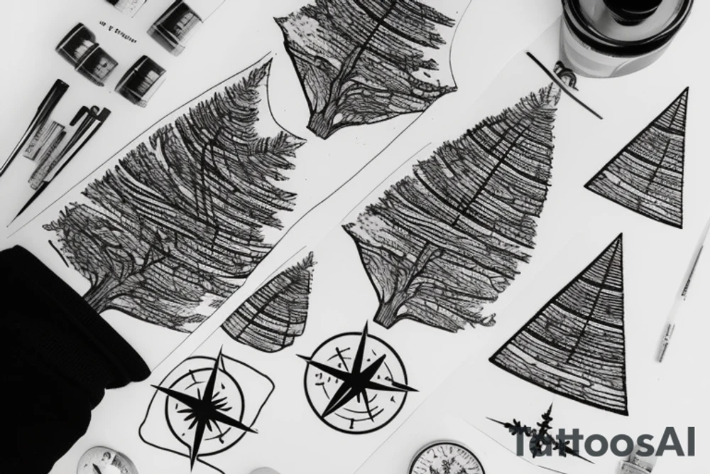A fir tree next to a compass tattoo idea