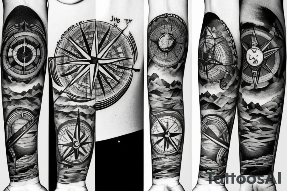 A compass mixed with mountains tattoo idea