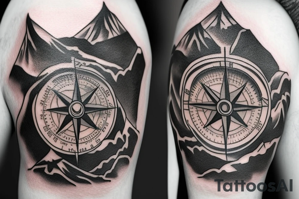 A compass mixed with mountains tattoo idea