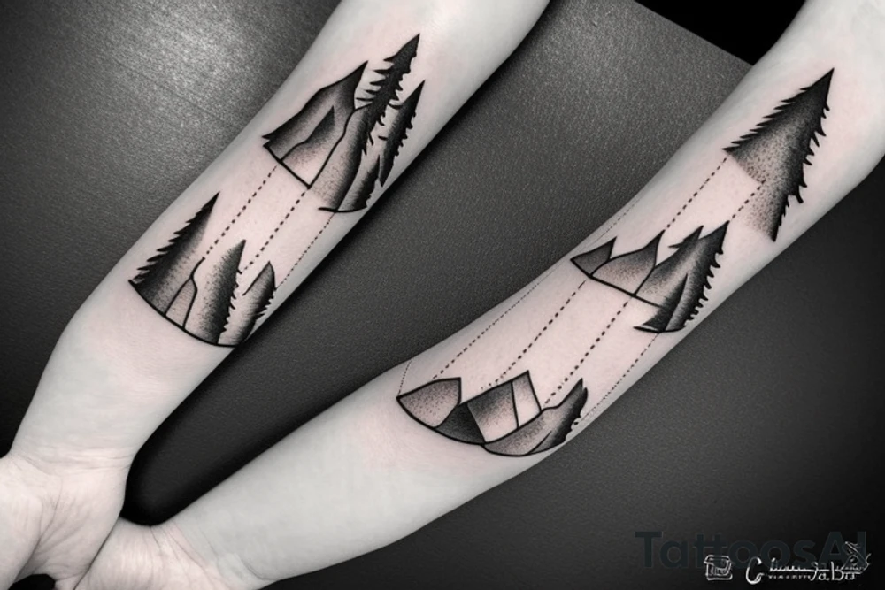 A compass mixed with mountains and fir trees tattoo idea