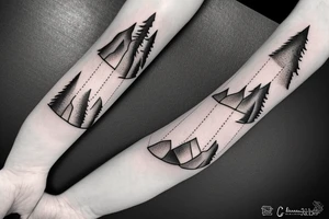 A compass mixed with mountains and fir trees tattoo idea