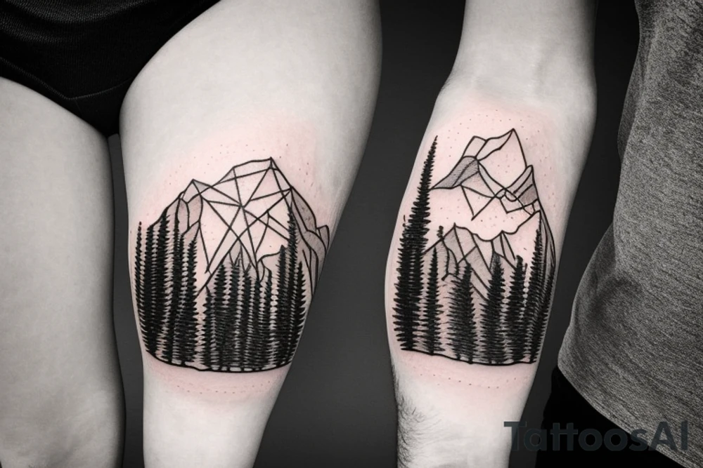 A compass mixed with mountains and fir trees tattoo idea