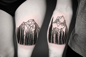 A compass mixed with mountains and fir trees tattoo idea
