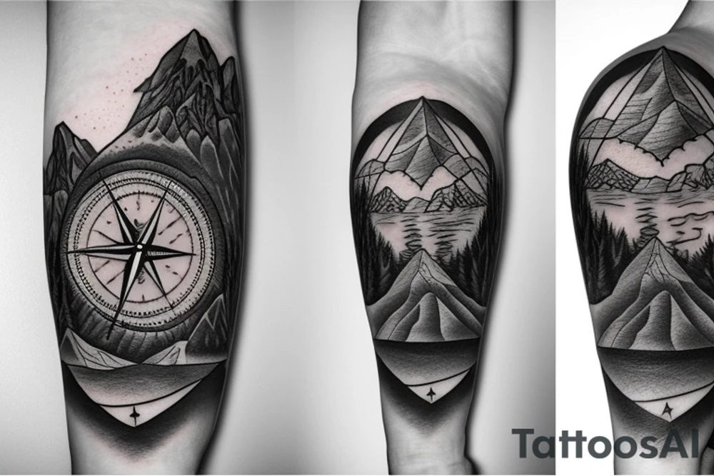 A compass surrounded by mountains and fir trees tattoo idea