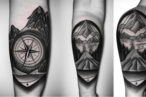 A compass surrounded by mountains and fir trees tattoo idea