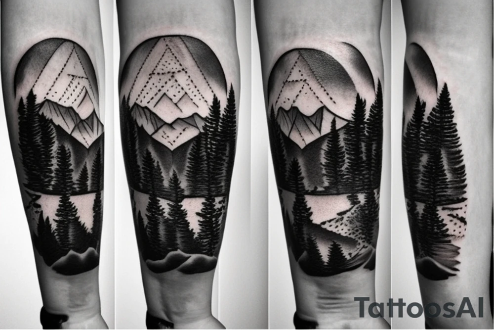 A compass surrounded by mountains and fir trees tattoo idea