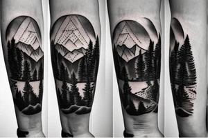 A compass surrounded by mountains and fir trees tattoo idea