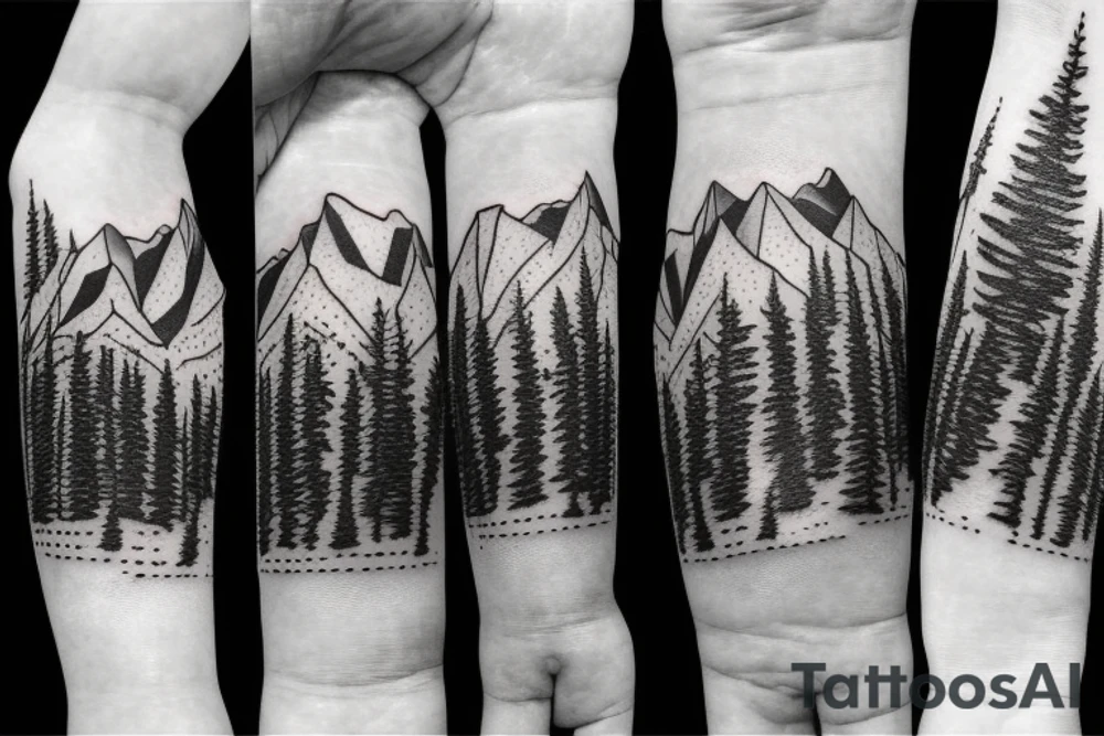 A compass surrounded by mountains and fir trees tattoo idea