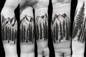 A compass surrounded by mountains and fir trees tattoo idea