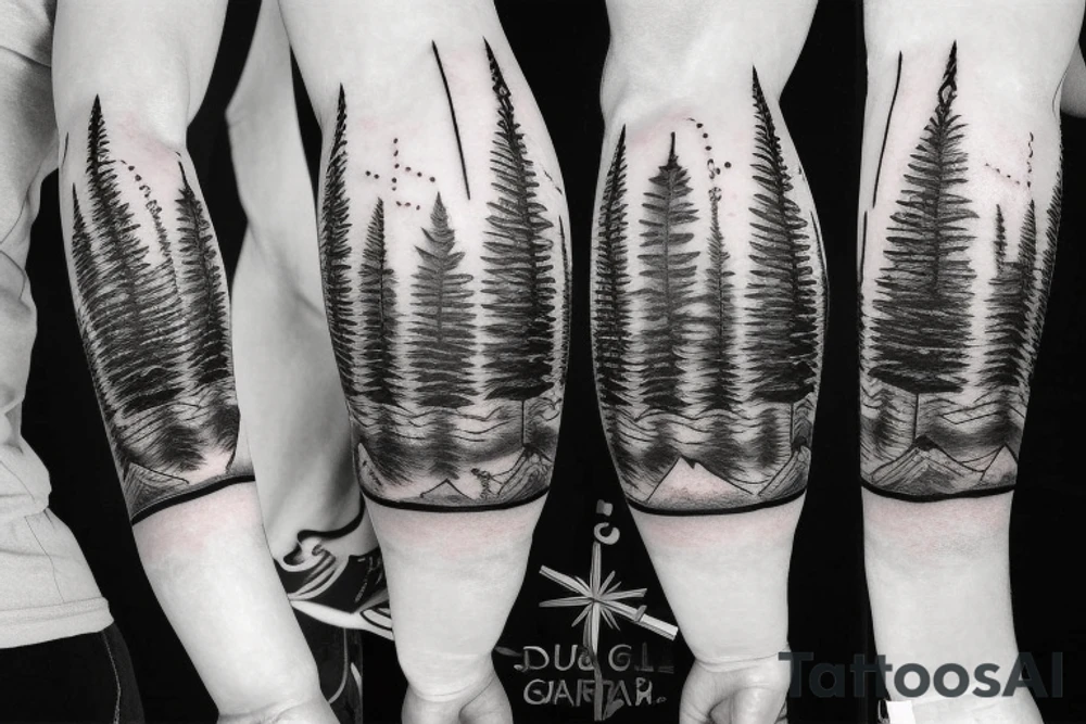 A compass surrounded by mountains and fir trees tattoo idea