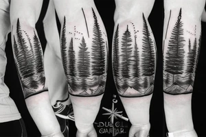 A compass surrounded by mountains and fir trees tattoo idea