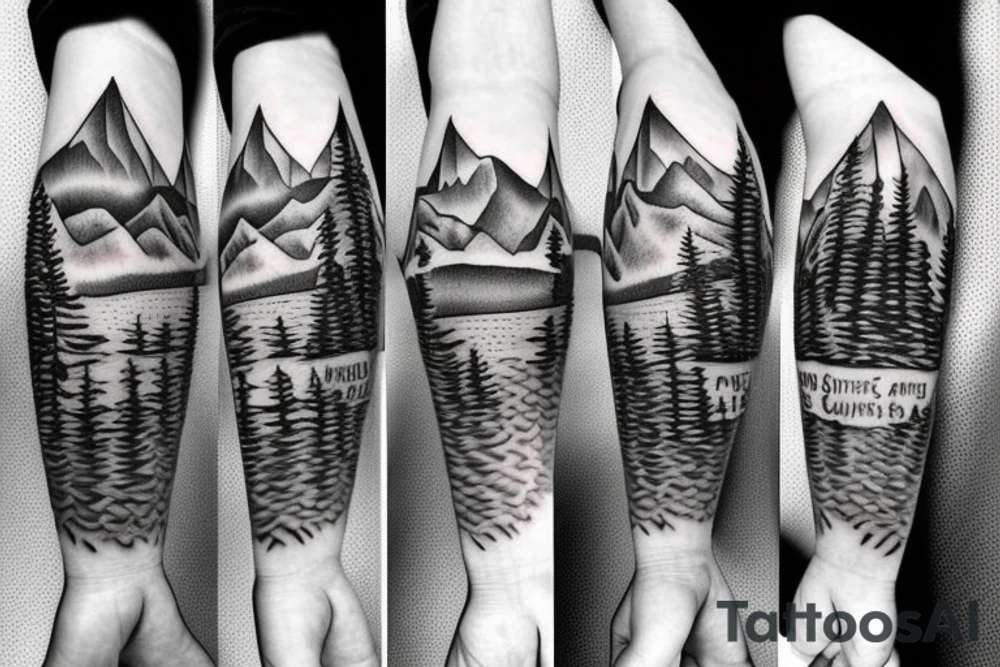 A compass surrounded by mountains and fir trees tattoo idea