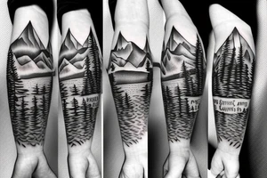 A compass surrounded by mountains and fir trees tattoo idea