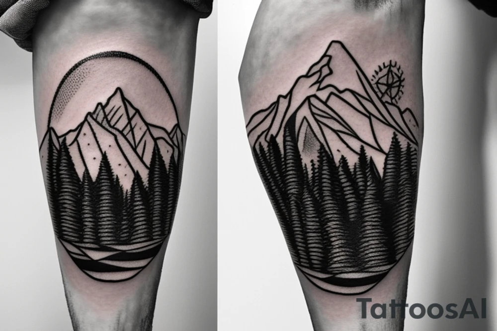 A compass surrounded by mountains and fir trees tattoo idea