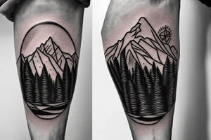 A compass surrounded by mountains and fir trees tattoo idea