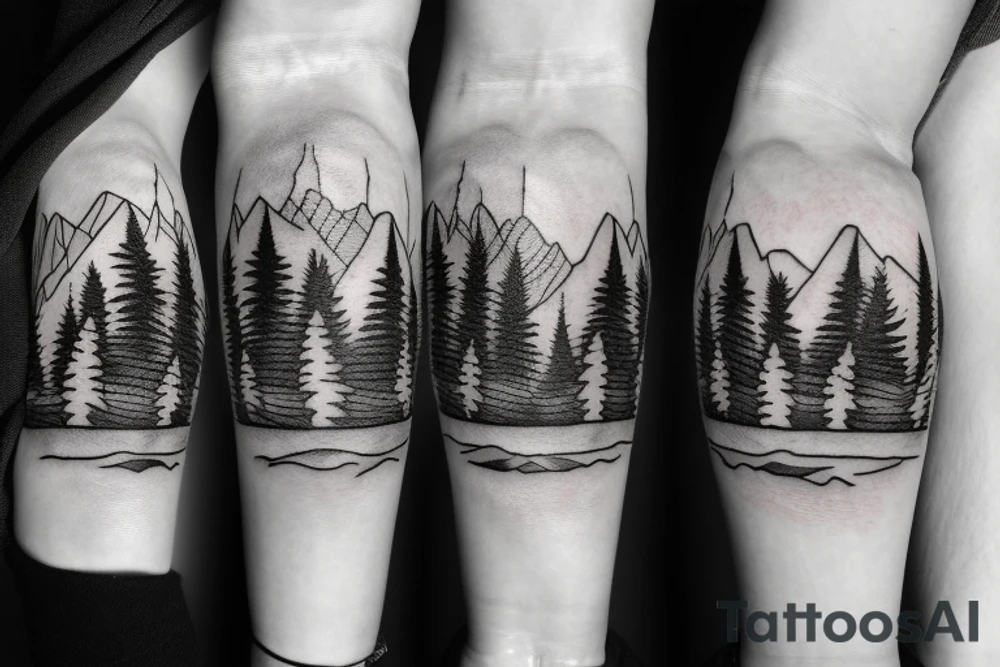 A compass surrounded by mountains and fir trees tattoo idea