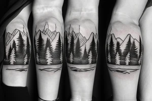 A compass surrounded by mountains and fir trees tattoo idea