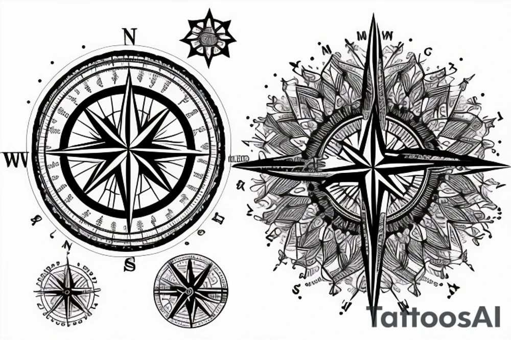 A compass surrounded by mountains and fir trees tattoo idea