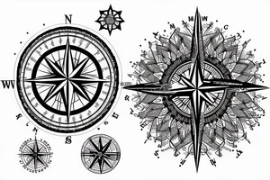 A compass surrounded by mountains and fir trees tattoo idea