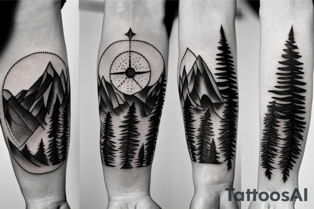 A compass surrounded by mountains and fir trees tattoo idea A compass surrounded by mountains and fir trees tattoo idea