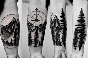 A compass surrounded by mountains and fir trees tattoo idea