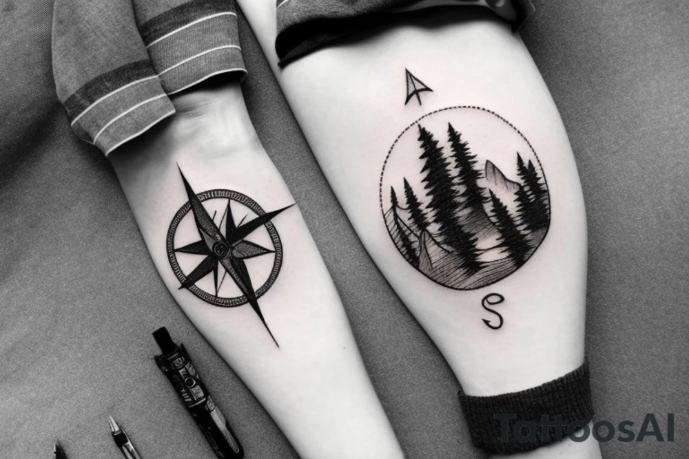 A compass surrounded by mountains and fir trees tattoo idea A compass surrounded by mountains and fir trees tattoo idea
