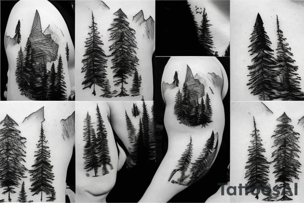 World map surrounded by mountains and fir trees tattoo idea