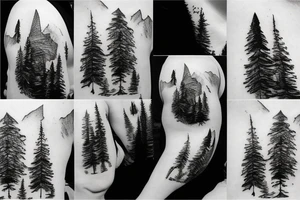 World map surrounded by mountains and fir trees tattoo idea