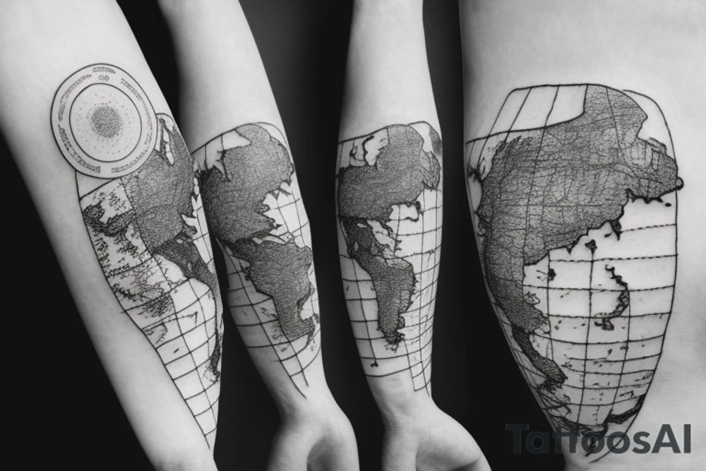 World map surrounded by mountains and fir trees tattoo idea