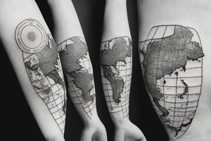 World map surrounded by mountains and fir trees tattoo idea